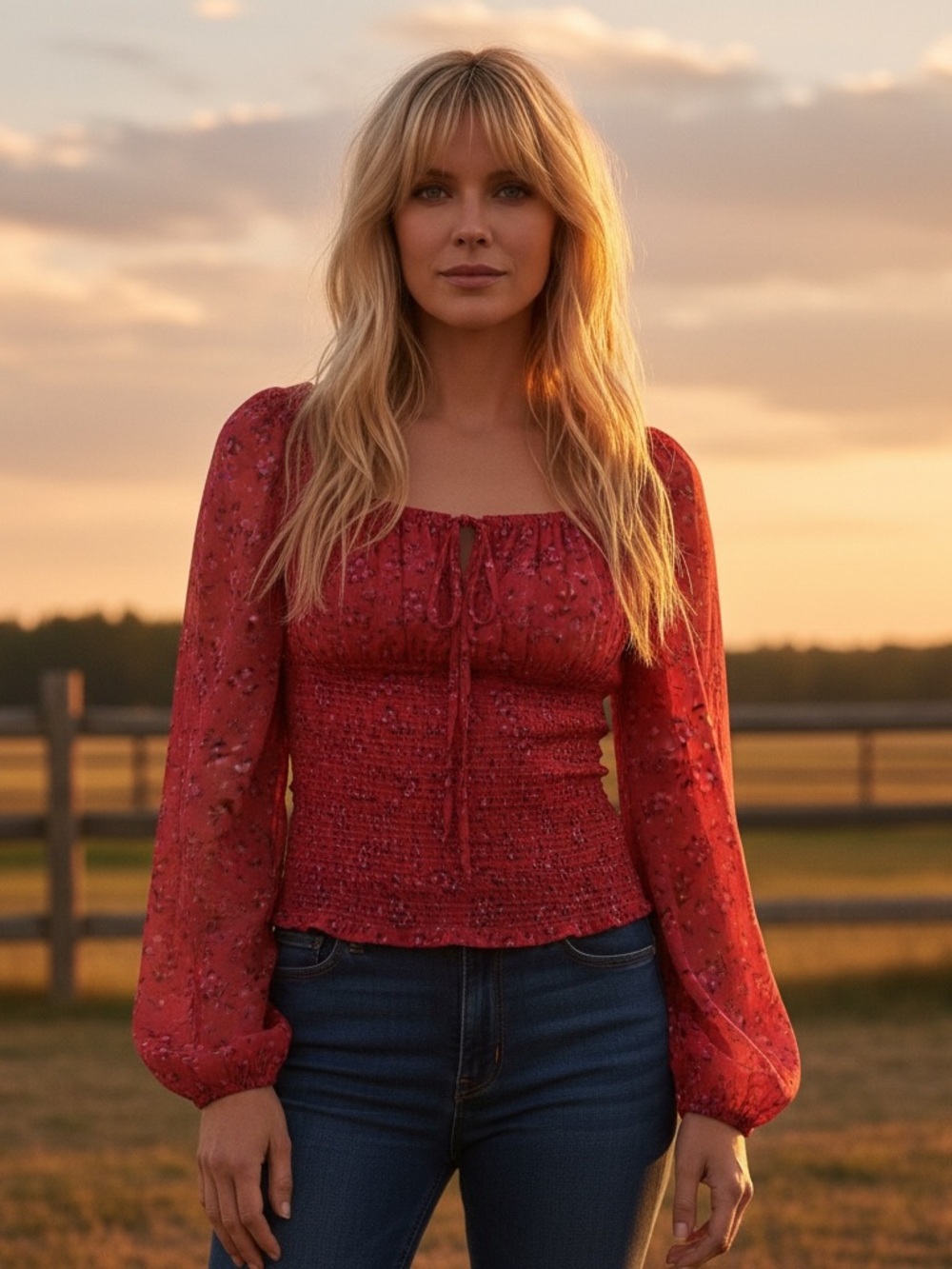 Free People Red Floral Smocked Blouse
